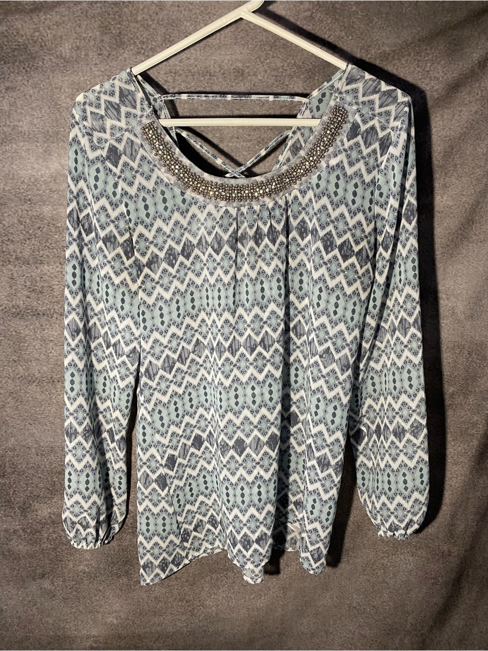 Studio Y Top Womens Small Sheer Geometric Beaded Neck Cross